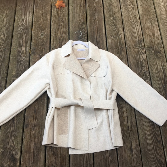 Coat: Women's Light Beige Oatmeal Wool Look Felt Belted Coat Jacket - Picture 1 of 12